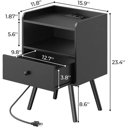 Table de chevet avec station de charge et lumières LED, ensemble de 2 tables de chevet, tables d'appoint avec tiroir