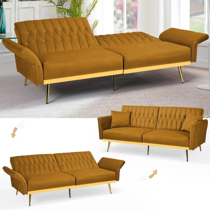 Canapé-lit futon en velours de 70 po avec dossiers et accoudoirs réglables, canapé-lit futon convertible avec deux oreillers, lit-lit capitonné