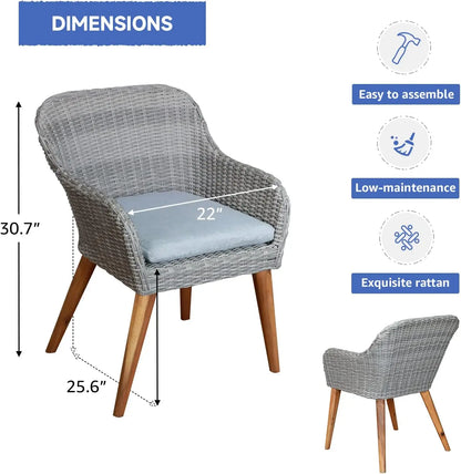 Juego de 2 sillas de comedor para patio con patas de madera, sillas de mimbre de ratán para exteriores con cojines de asiento para césped, terraza, porche y balcón