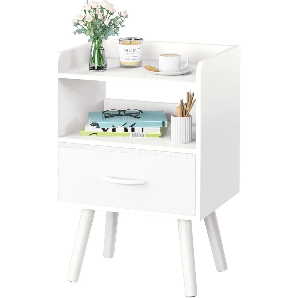 Night Stand with Drawer, Modern Nightstand, Bedside Tables, Mid Century Nightstands with Open Storage Shelf,