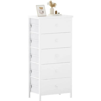 Tall White Dresser for Bedroom 5 Drawer & Chests of Drawers Fabric Dresser Storage Tower for Closet Kids and Adult Modern