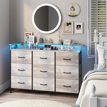 Commode blanche avec éclairage LED pour chambre à coucher Commode à 9 tiroirs avec station de charge Commode à tiroirs Cadre en acier Plateau en bois