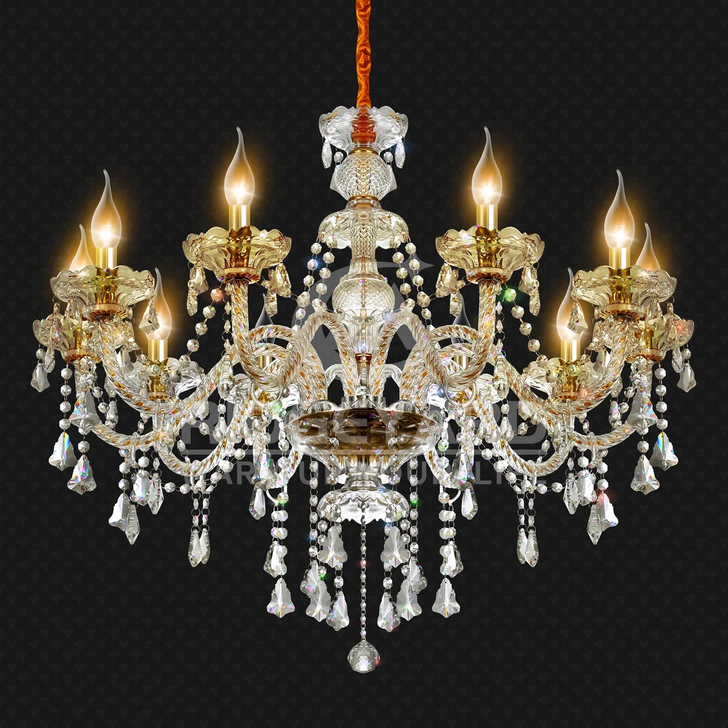 Elegant Glass Crystal Chandelier Ceiling Pendant Lighting Decor 10-Light Golden Hanging Lamp For Living Room Bedroom Room Lobby