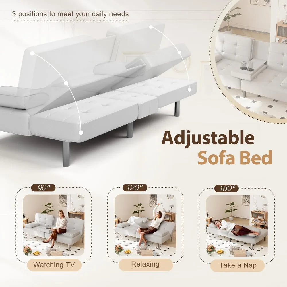 Canapé-lit futon convertible pliable pour salon, canapé-lit rembourré en similicuir avec accoudoirs amovibles, blanc