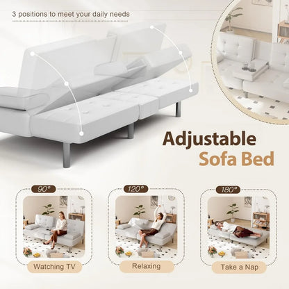 Canapé-lit futon convertible pliable pour salon, canapé-lit rembourré en similicuir avec accoudoirs amovibles, blanc