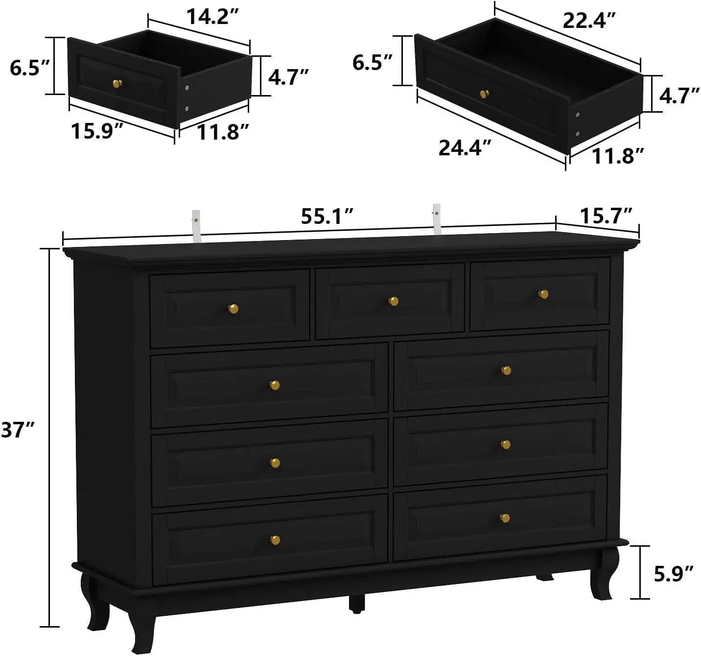 Chest of Drawers 9 Drawer Dresser, Modern Contemporary Dresser with Sliver Handles, Wooden Legs, for Bedroom，Black, White