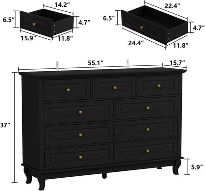 Chest of Drawers 9 Drawer Dresser, Modern Contemporary Dresser with Sliver Handles, Wooden Legs, for Bedroom，Black, White