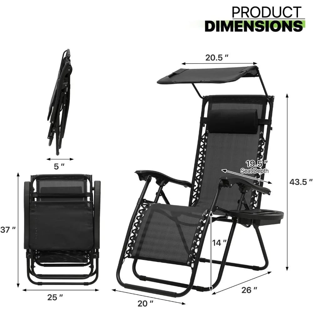 Set of 2 Outdoor Zero Gravity Chair Reclining Lounger with Sun Shade and Mesh Back, Cup Holder & Side Table,Support 300lbs,Black