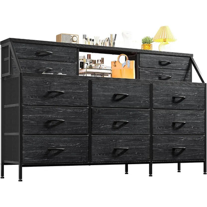 Commode noire de 55 po de largeur, commode pour chambre à coucher, commode avec 13 grands tiroirs, commode longue pour placard avec 2 étagères