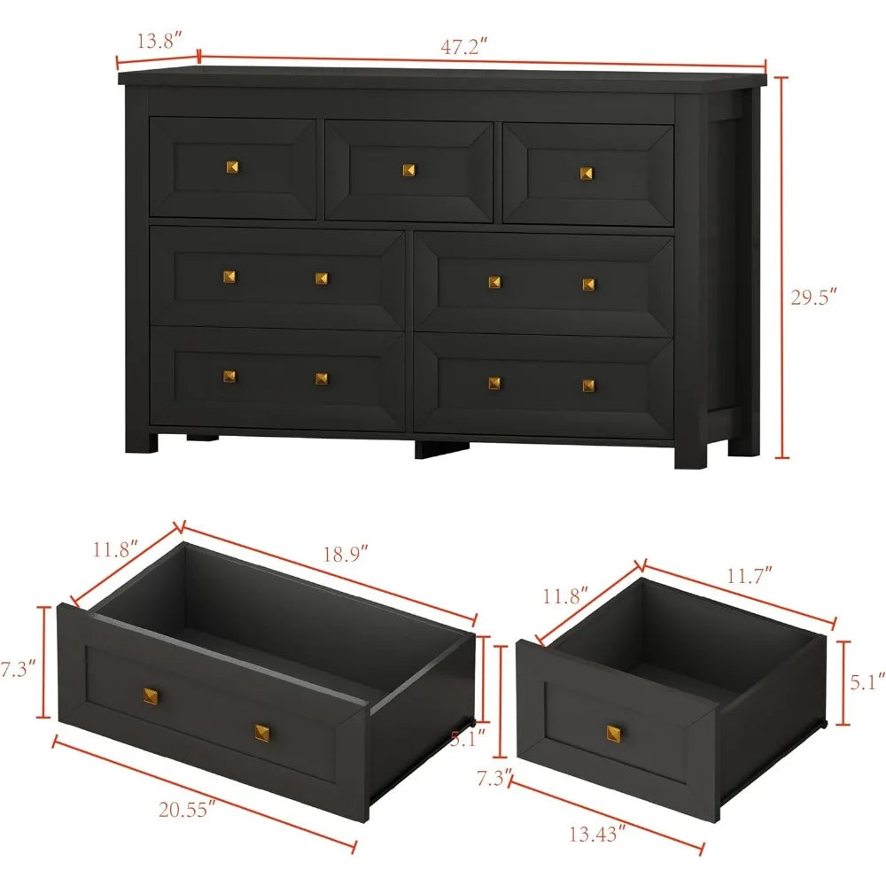 Commode noire pour chambre à coucher avec 6 tiroirs, commode moderne, commodes en bois, meubles de chambre à coucher