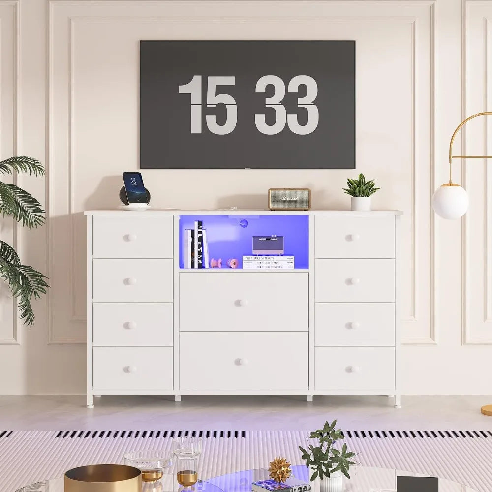 Cómoda con estación de carga y luces LED, cómoda larga para dormitorio, mueble de TV con 10 cajones,