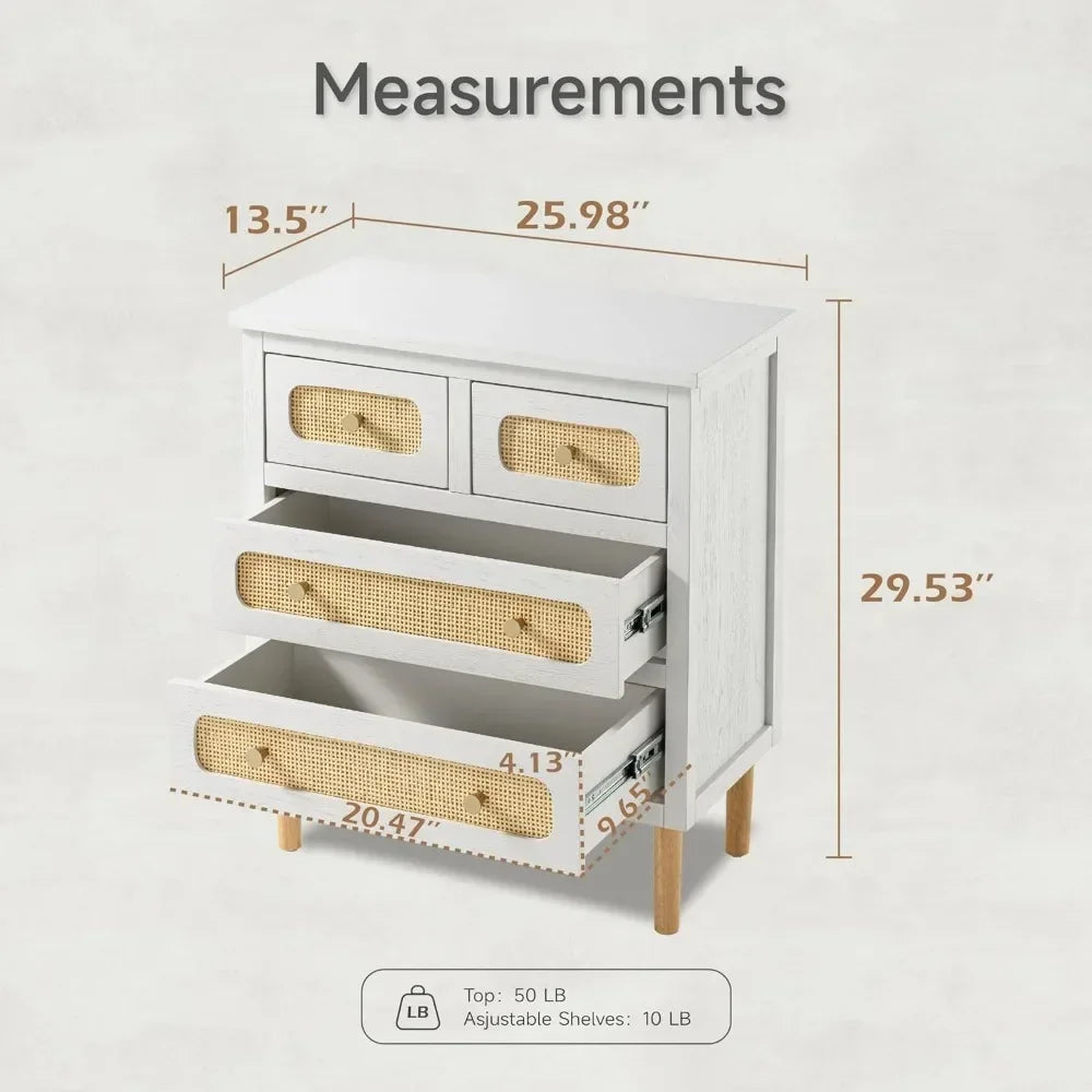 Wicker Rattan 4-Drawer Nightstands, White Finish Wooden Storage Chest of Drawers, Modern Farmhouse Accent Table