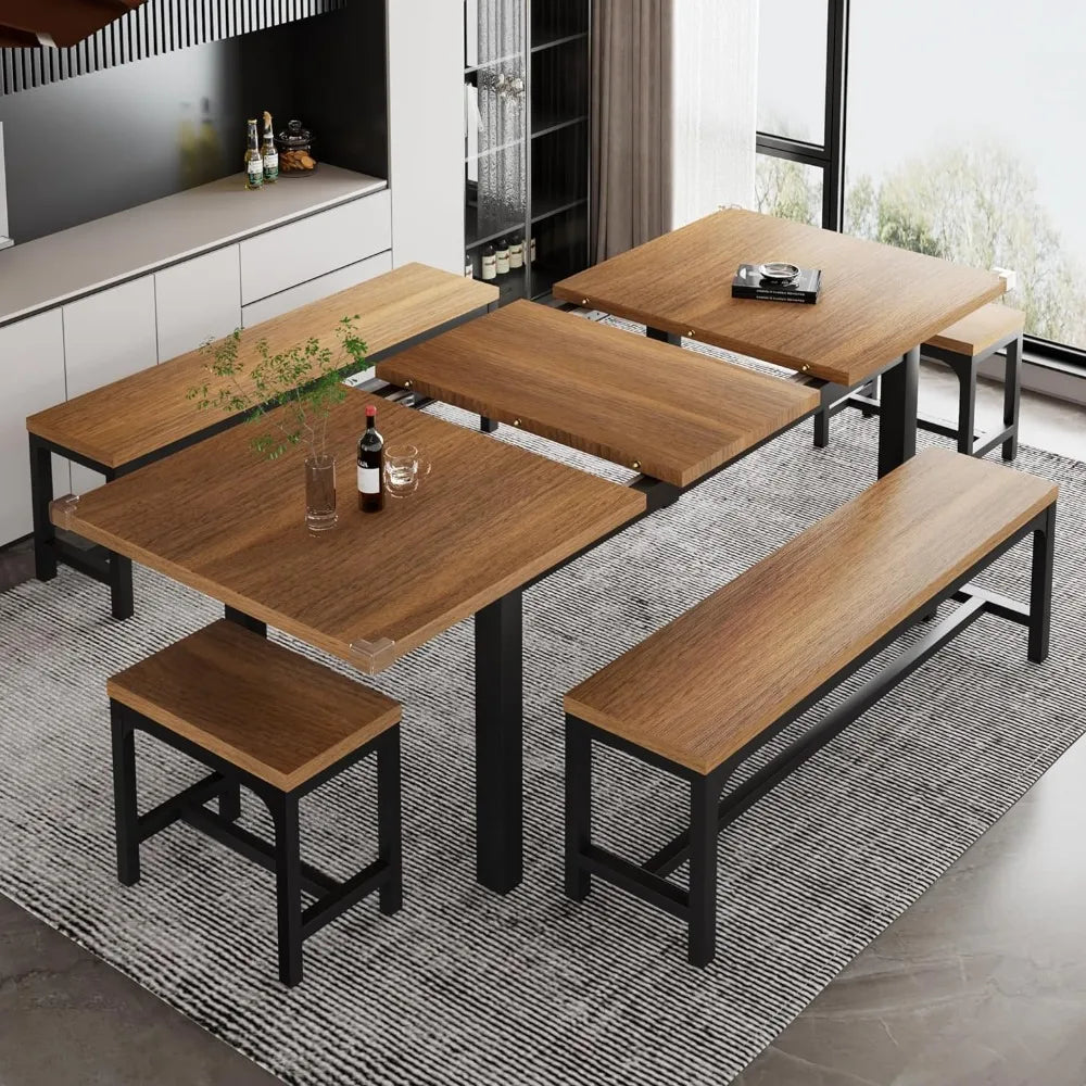 Ensemble de table à manger 5 pièces pour 4 à 8 personnes, ensemble de table de cuisine extensible avec 2 bancs et 2 tabourets carrés