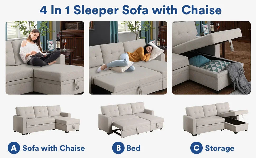 L Shaped Chaise Couch with Storage and Pull Out Bed Multifunctional Comfy Sectional Sleeper Sofa,Home Furniture