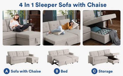 L Shaped Chaise Couch with Storage and Pull Out Bed Multifunctional Comfy Sectional Sleeper Sofa,Home Furniture