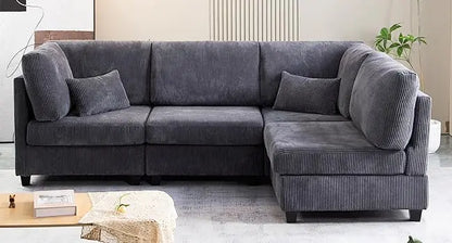 L Shaped Convertible Sectional Sofa with Movable Ottoman, Corduroy Corner Couch with Wooden Legs and Cushions, Living Room Sofa