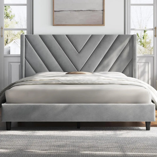 Bed Frame Upholstered Platform Bed with Wing Side/Wooden Slat Support/Tufted Headboard with Wing Side/Mattress Foundation