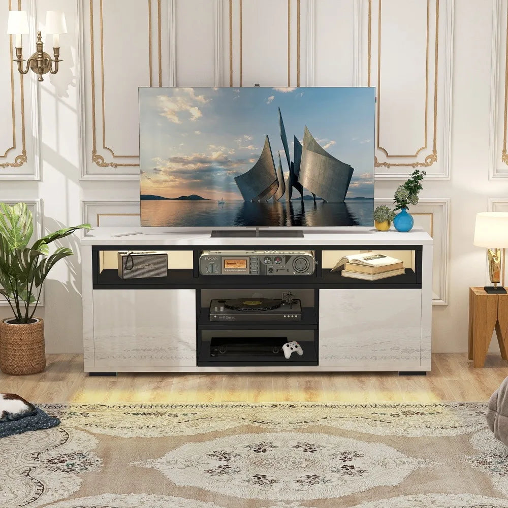 Meuble TV avec lumières d'ambiance LED Meuble TV moderne avec étagère ouverte Meuble de rangement pour téléviseurs 62 pouces Meubles Meubles TV blancs