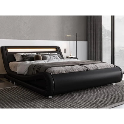 King Size LED Platform Bed Frame with Adjustable Headboard/No Box Spring Need/Easy Assembly/Faux Leather in Black