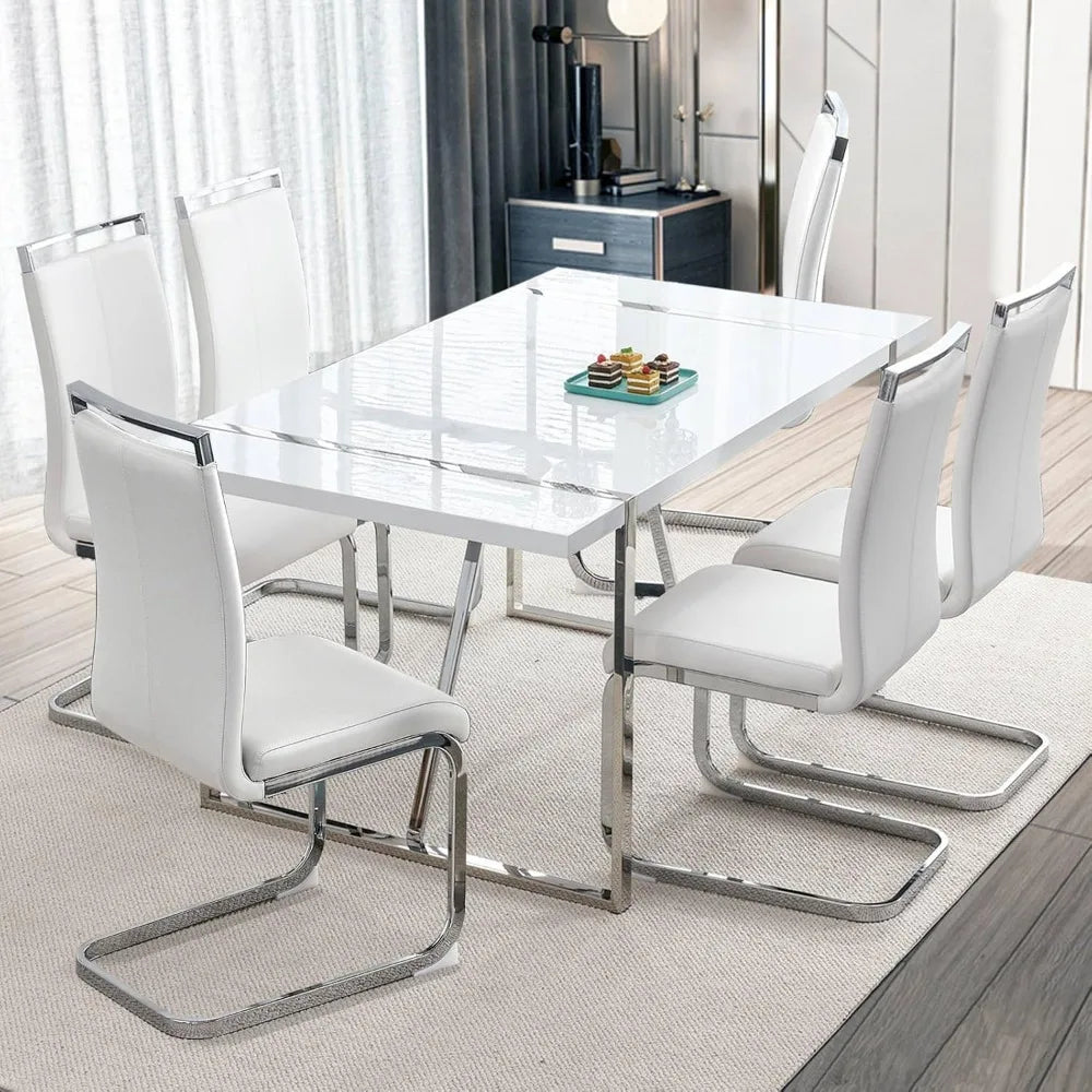 Set of dining table for 6 people, leather dining chairs, modern gold-framed dining room with gold-framed white rectangular table