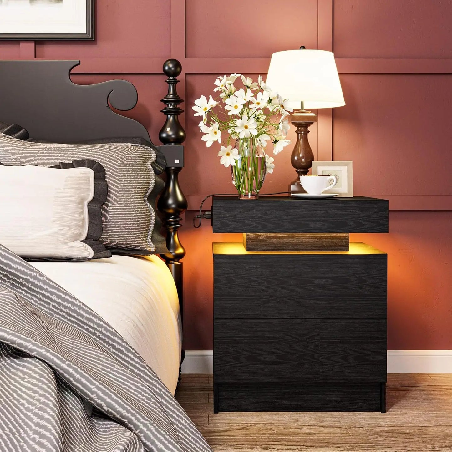 Night Stand with Charging Station, Modern Black Nightstand with LED Light and Drawers, Bedside Tables/End Table for Bedroom