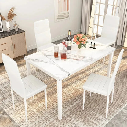 Marble kitchen table and chairs for 4 people, comfortable PU leather chairs, small space dining table, breakfast corner