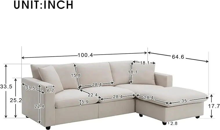 Sofá modular seccional en forma de L de chenilla, cómodo sofá Cloud de 3 plazas con otomana/chaise longue y 5 almohadas para sala de estar y dormitorio