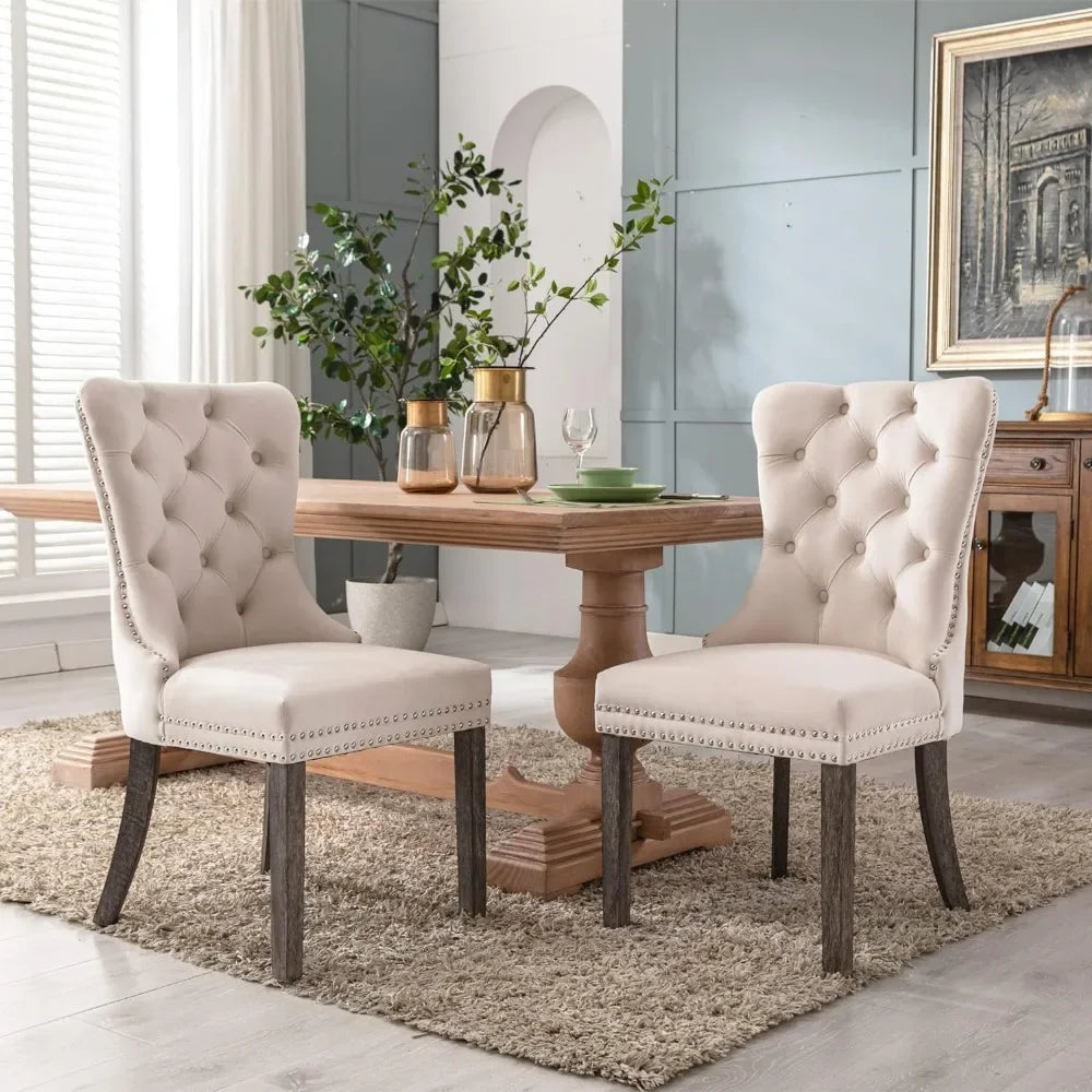 A set of 6 beige velvet dining chairs, soft cushioned plush chairs with nail heads and solid wood legs with loop edges