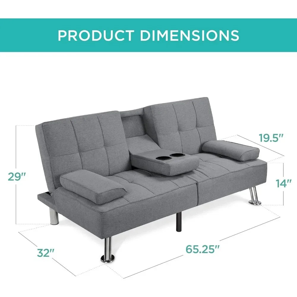 Linen Modern Folding Futon, Reclining Sofa Bed for Apartment, Dorm w/Removable Armrests, 2 Cupholders - Gray Living Room Sofas