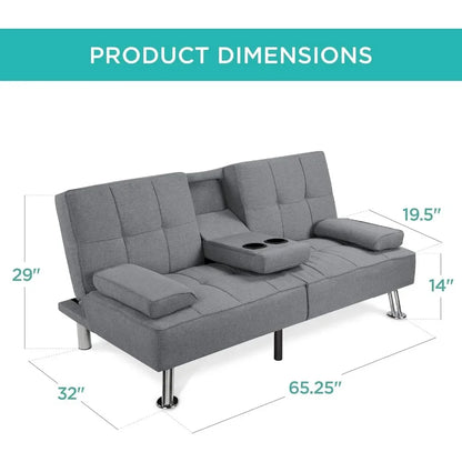 Linen Modern Folding Futon, Reclining Sofa Bed for Apartment, Dorm w/Removable Armrests, 2 Cupholders - Gray Living Room Sofas