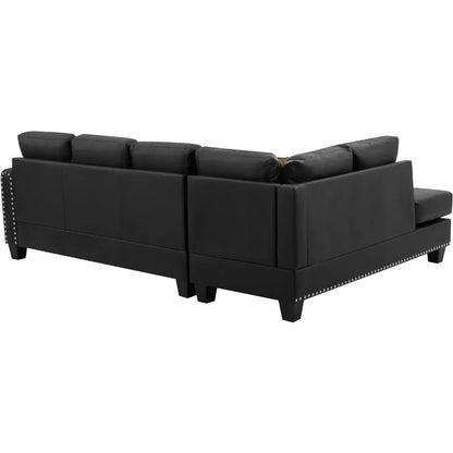 Canapé de salon, ensemble de canapé sectionnel en cuir PU en forme de L avec rangement, chaise longue, pouf, 2 porte-gobelets et 2 coussins décoratifs, noir