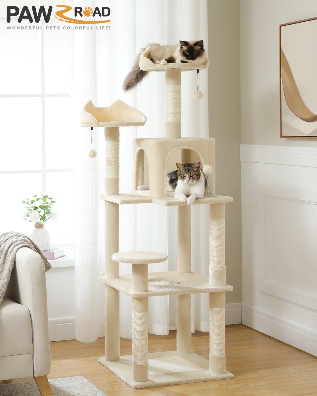 H160CM Multi-Level Cat Tree Tower Scratching Post for Indoor House Kitten Toy Cozy Condo Cat Hammock and Wide Top Perch 2 Colors