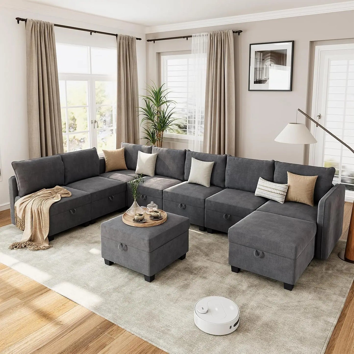 Sectional Sofa with Storage Seat, Couch with Storage Ottoman for Living Room