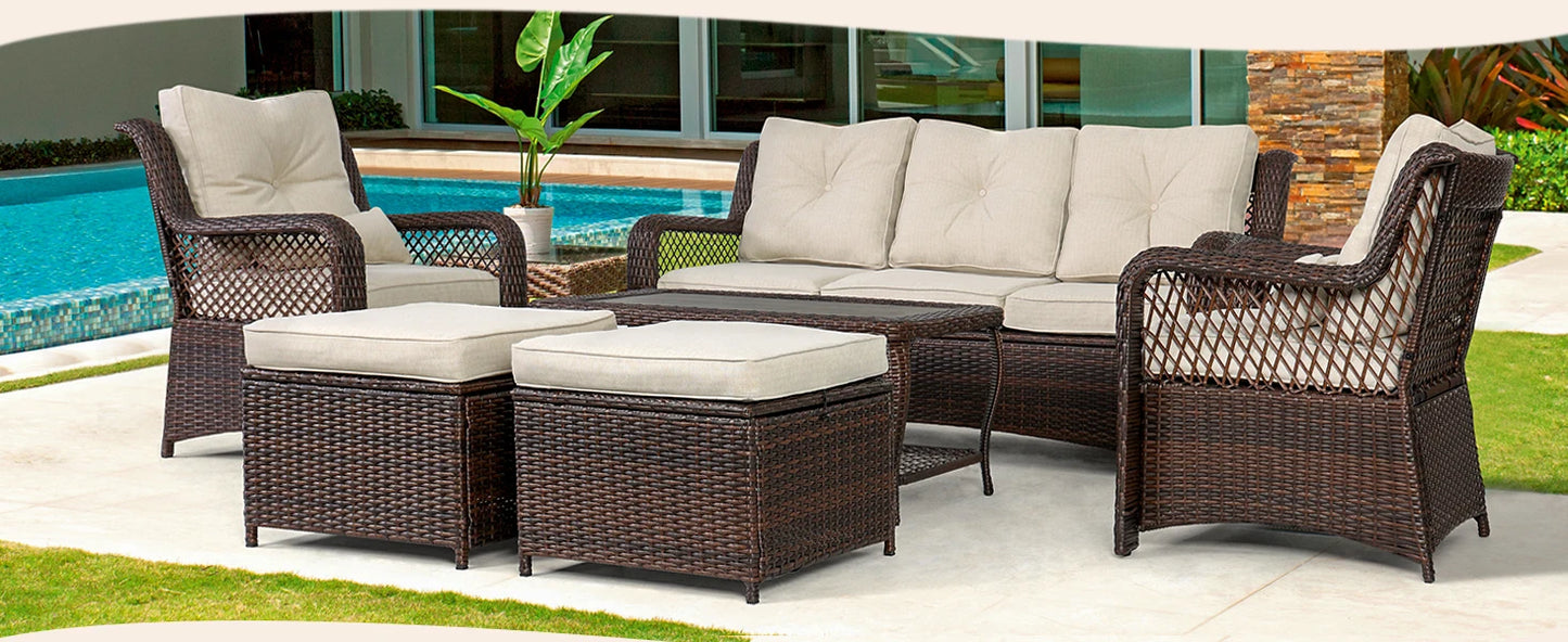 6 Pieces Patio Furniture Set, Wicker Outdoor Patio Conversation Sets, Sectional Rattan Sofa Chairs with Coffee Table