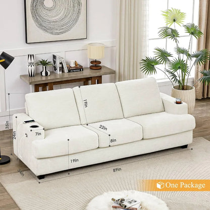 Modern 3 Seater Sofa with USB Charging Ports & 2 Cup Holders, Chenille Upholstered Sofa for Apartment, Living Room, Office