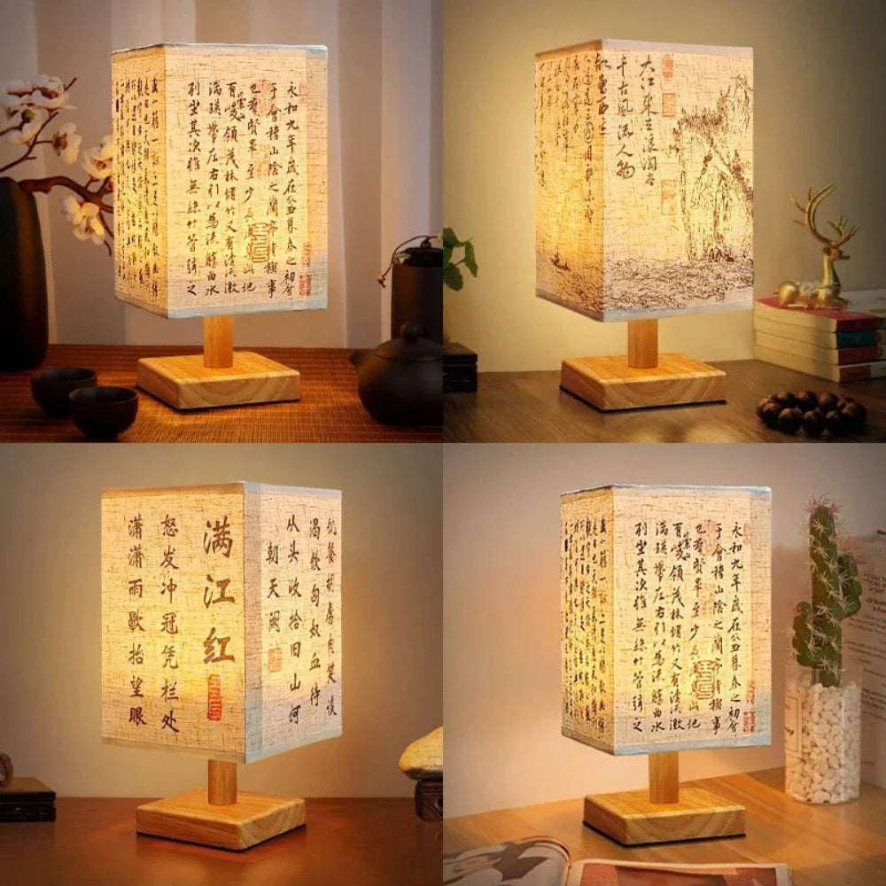 Lámpara de escritorio de madera retro, luz de noche de estilo chino, decoración de pintura tradicional con caligrafía, dormitorio, mesita de noche, oficina, estudio