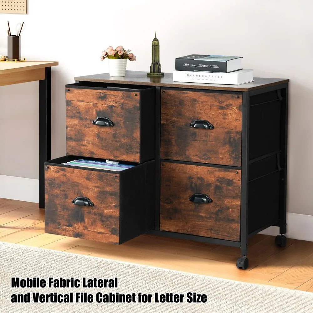 4 Drawers Mobile Fabric Lateral File Cabinet with Casters for Letter Size File (Rustic Brown)