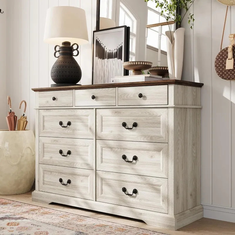 Farmhouse 6 Drawers Dresser, White Wood Dresser for Bedroom Wide Chest of Drawers, French Country Storage Double Dressers Or