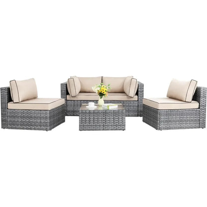 Shintenchi 5 Pieces Outdoor Patio Sectional Sofa Couch, Silver Gray PE Wicker Furniture Conversation Sets with Washable Cushions