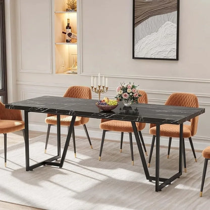 82.6'' Large Modern Dining Table for 8-10 People, Rectangular Black Kitchen Dining Room Table with Faux Marble  Tabletop