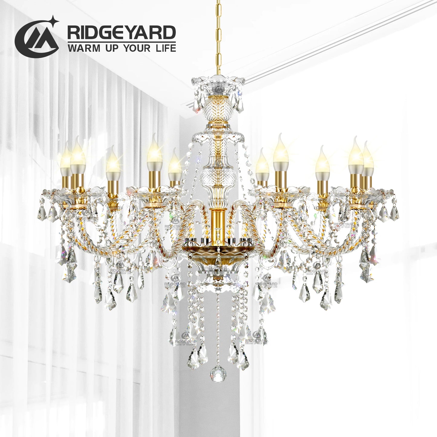 Elegant Glass Crystal Chandelier Ceiling Pendant Lighting Decor 10-Light Golden Hanging Lamp For Living Room Bedroom Room Lobby