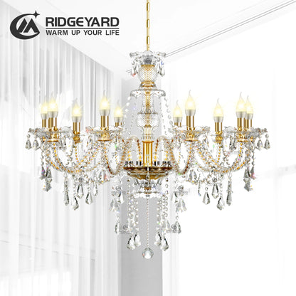 Elegant Glass Crystal Chandelier Ceiling Pendant Lighting Decor 10-Light Golden Hanging Lamp For Living Room Bedroom Room Lobby