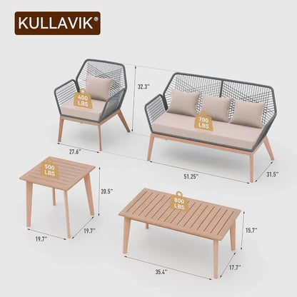 Juego de muebles de exterior para patio, 5 piezas, sofá seccional tejido con cuerda para interior, moderno juego de muebles de patio de roble con mesa de madera