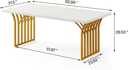 Mesa de comedor moderna para 4-6 personas, mesa de cocina rectangular de 63 pulgadas con marco de metal dorado, mesa de comedor de madera, blanca y dorada