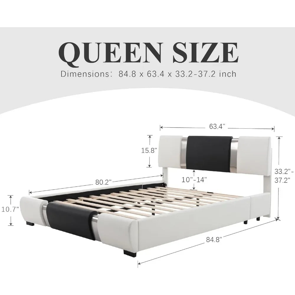 Cadre de lit queen size, avec tête de lit rembourrée en similicuir et support à lattes en bois, sommier à lattes robuste, blanc et noir