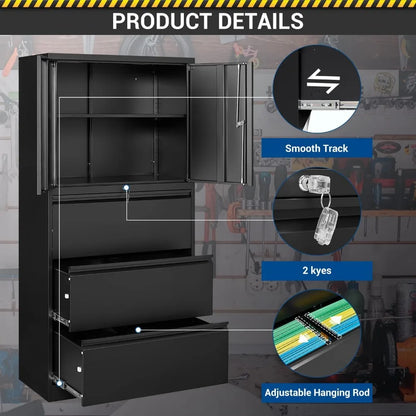 3 Drawers Lateral File Cabinet with Lockable Drawer and Door- Large Steel Filing Cabinet for Home Office Hanging Files Letter