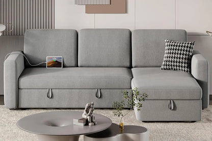 Sectional Sofa Couch Bed W/Chaise & USB, Reversible Couch Sleeper W/Pull Out Bed & Storage Space, Pull Out Couch, Sofa Bed