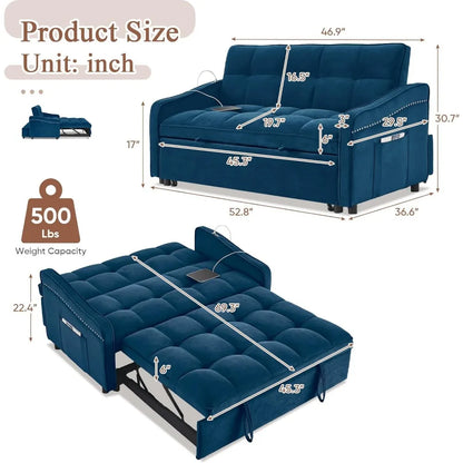 3 in 1 Sleeper Sofa Couch Bed with USB & Type C Port, 52" Small Modern Convertible Tufted Velvet Loveseat Sofa w/Pull Out Bed