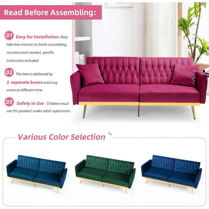 Canapé-lit futon en velours de 70 po avec dossiers et accoudoirs réglables, canapé-lit futon convertible avec deux oreillers, lit-lit capitonné