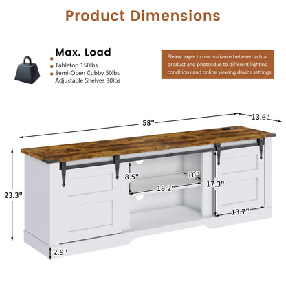 Entertainment Center with Storage Cabinets and Sliding Barn Doors, Rustic Media TV Console Table for Living Room, Bedroom, White
